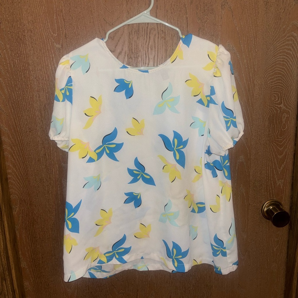 Worthington White Blouse with Blue and Yellow Floral Print